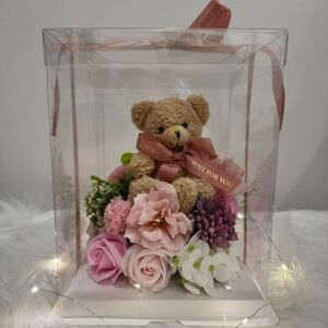 AdorableTeddy Bear with Pink Soap Roses Light Up  Gift Arrangement